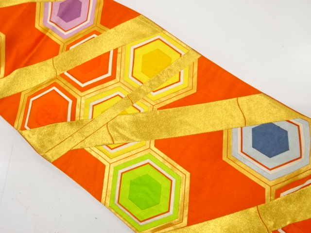 アンティーク　重ね亀甲に竹模様織り出し袋帯（着用可）